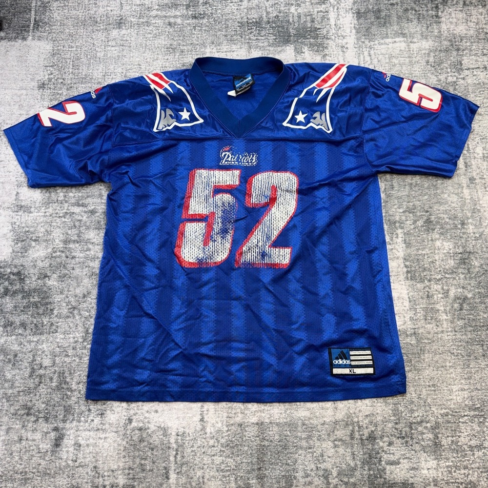 VTG New England Patriots Ted Johnson Jersey Mens XL Adidas Royal Blue Striped 52